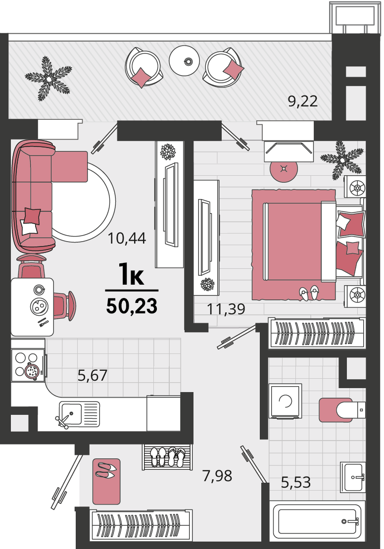 Планировка 2-комнатная 45,62 м²