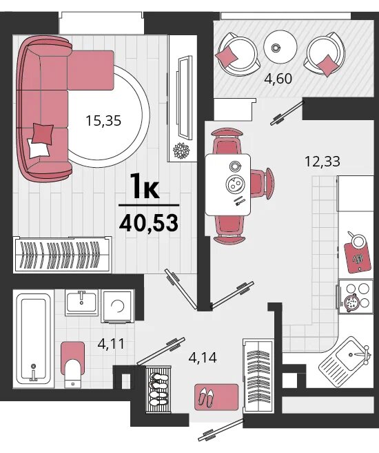 Планировка: 1-комн. квартира 37,8 м²
