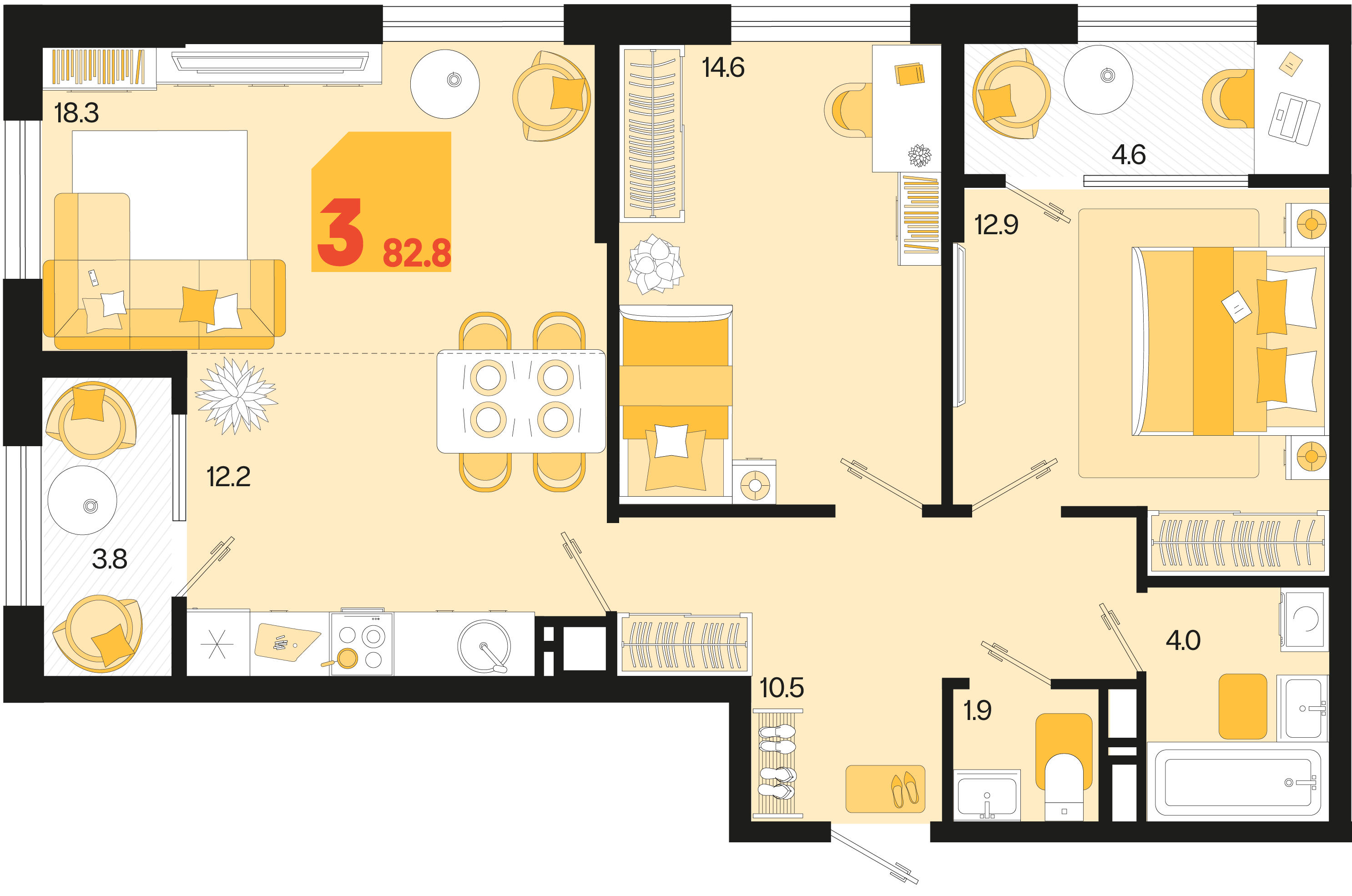 Планировка: 3-комн. квартира 78,6 м²