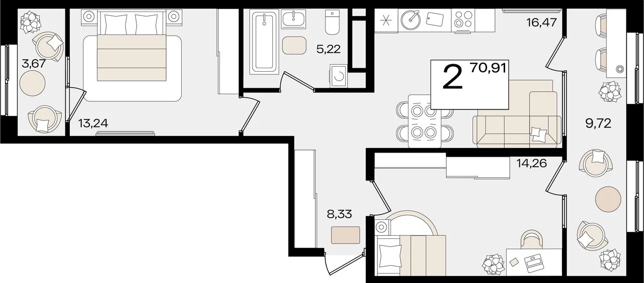 Планировка: 2-комн. квартира 64,2 м²