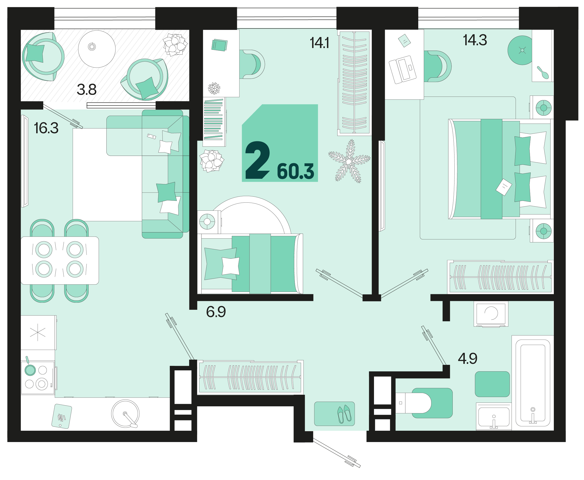 Планировка: 2-комн. квартира 58,4 м²