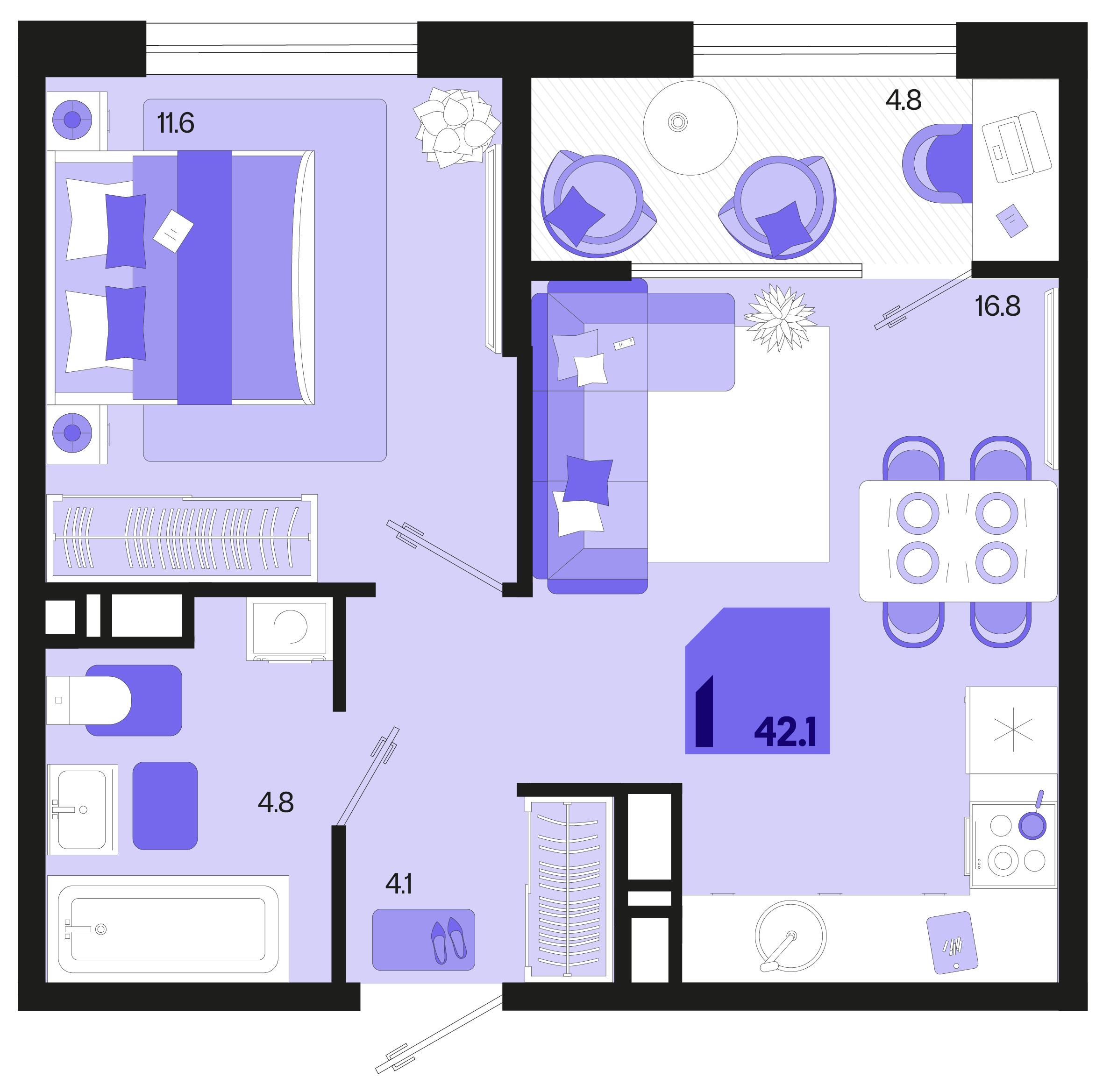 Планировка: 1-комн. квартира 39,7 м²