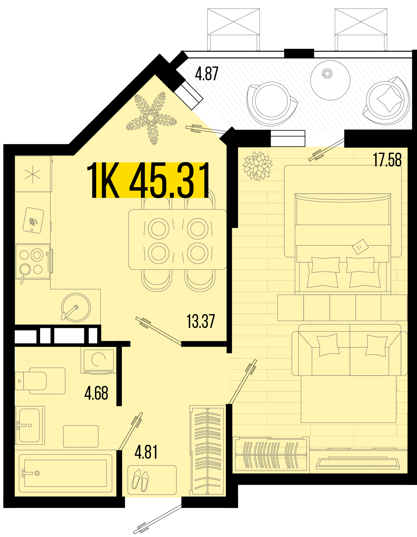 Планировка: 1-комн. квартира 43,7 м²
