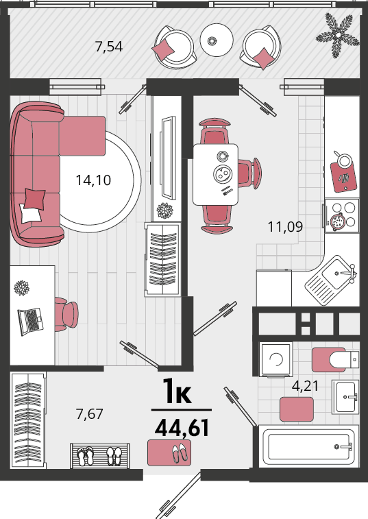 Планировка: 1-комн. квартира 40,8 м²