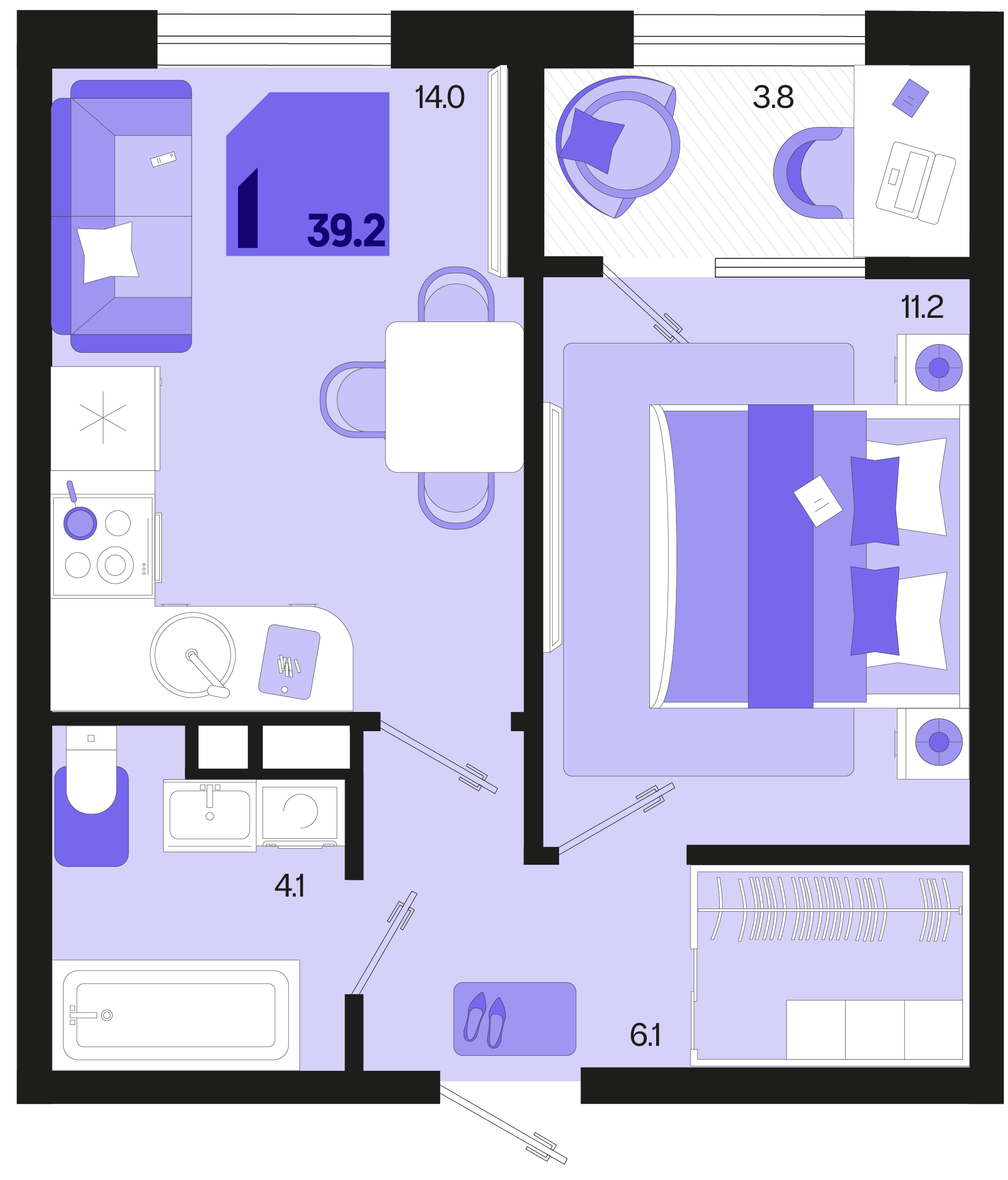 Планировка: 1-комн. квартира 37,3 м²