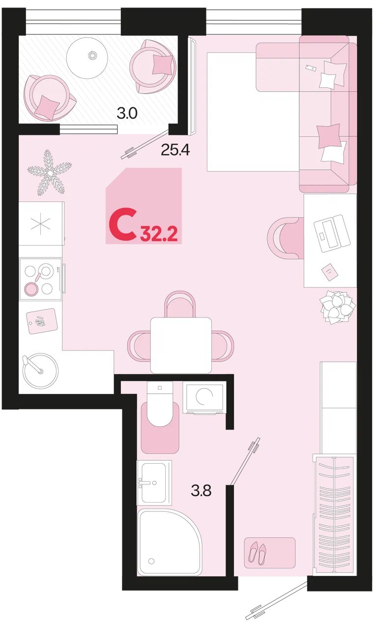 Планировка: Студия 30,7 м²