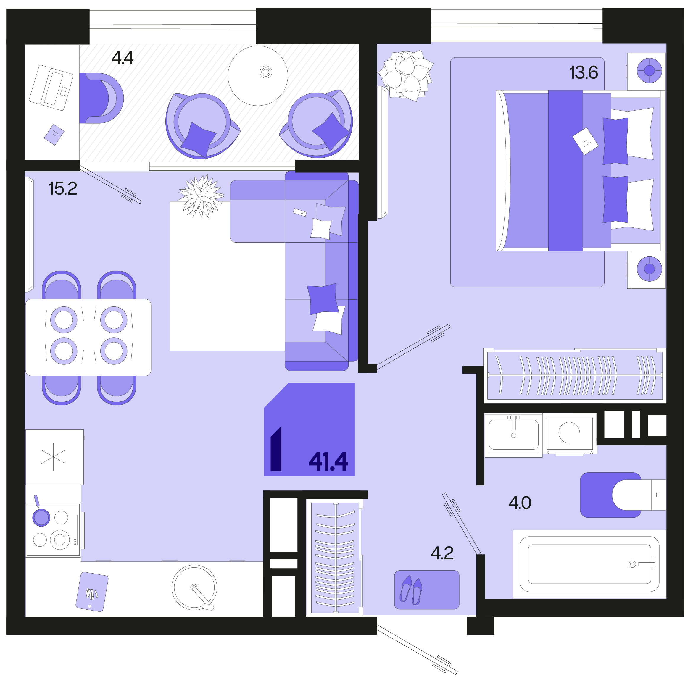Планировка: 1-комн. квартира 39,2 м²