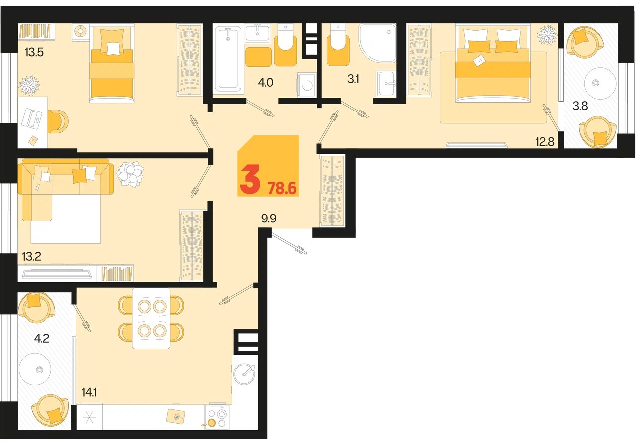 Планировка: 3-комн. квартира 74,6 м²