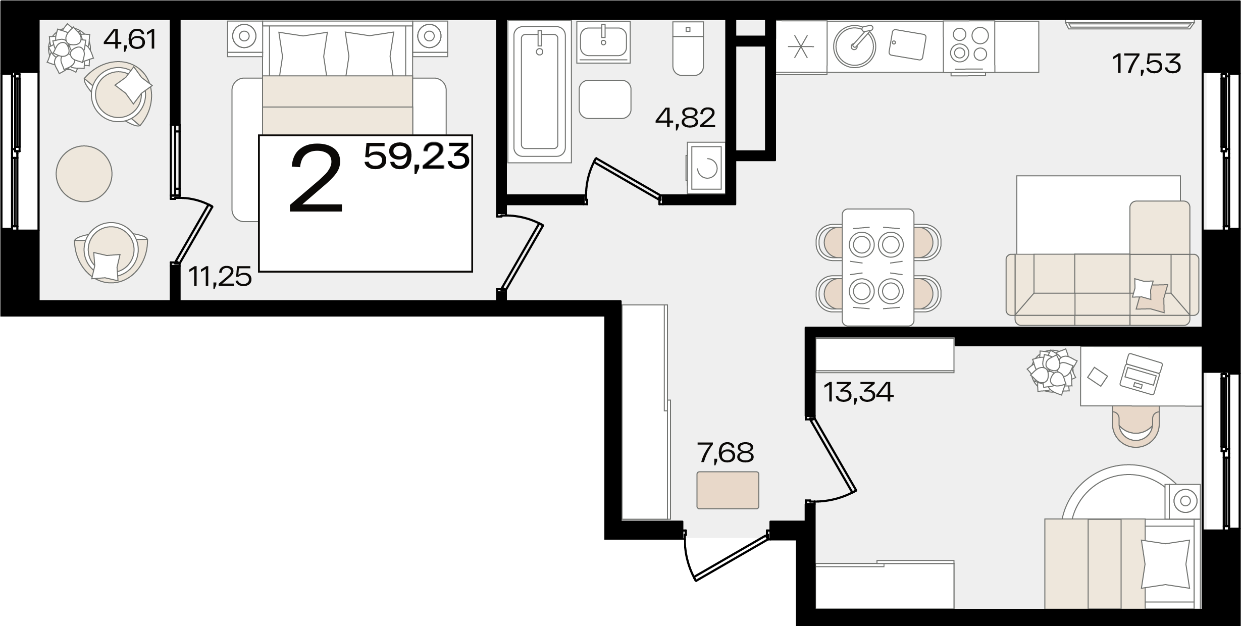 Планировка: 2-комн. квартира 57,3 м²