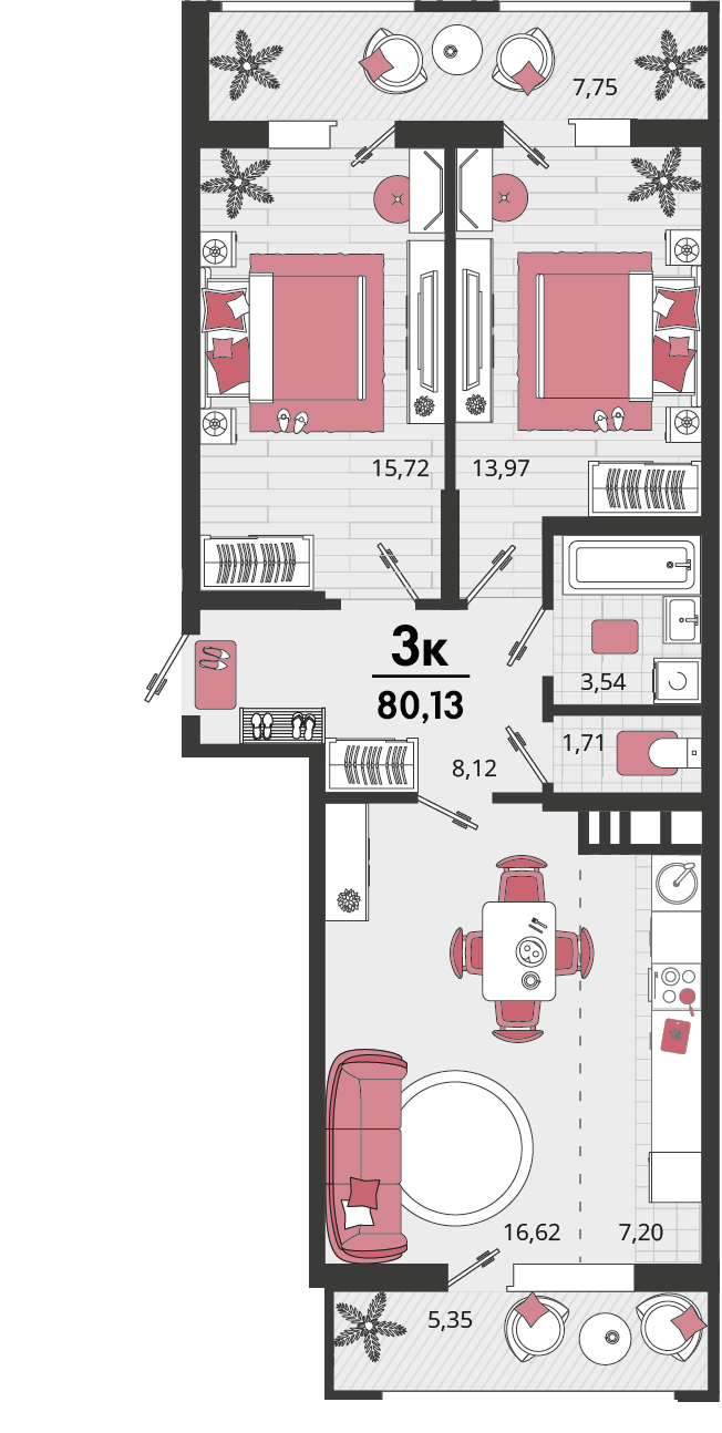 Планировка: 3-комн. квартира 73,6 м²