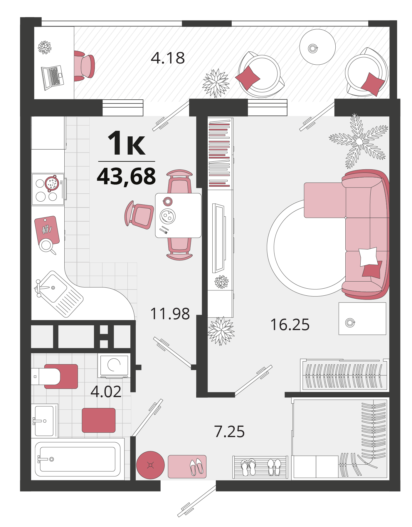 Планировка: 1-комн. квартира 43,6 м²
