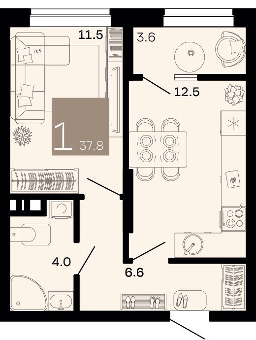 Планировка: 1-комн. квартира 36,2 м²