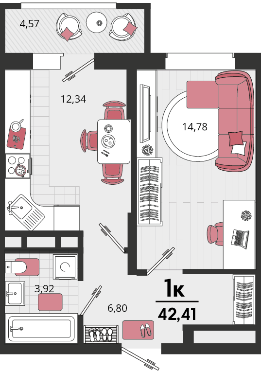 Планировка 1-комнатная 40,12 м²