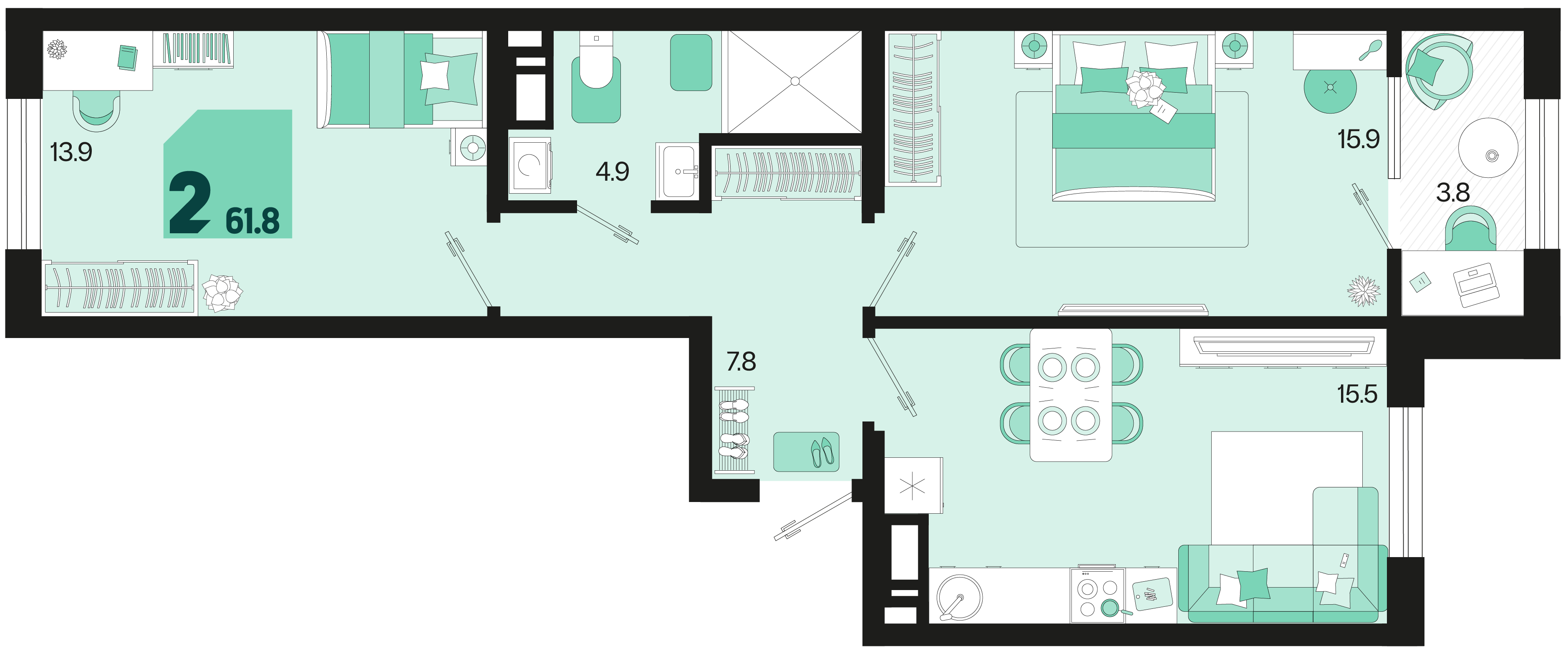 Планировка: 2-комн. квартира 59,9 м²