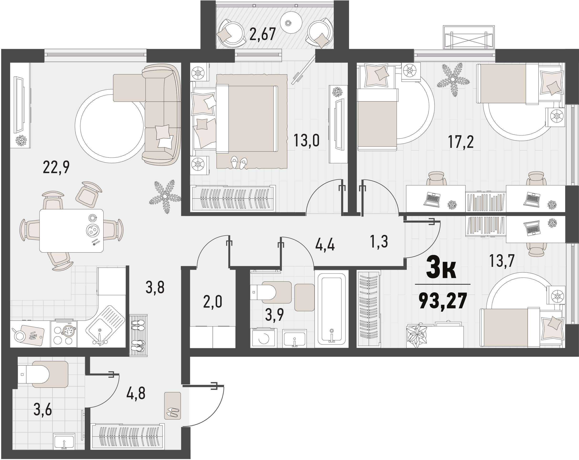 Планировка: 3-комн. квартира 91,4 м²