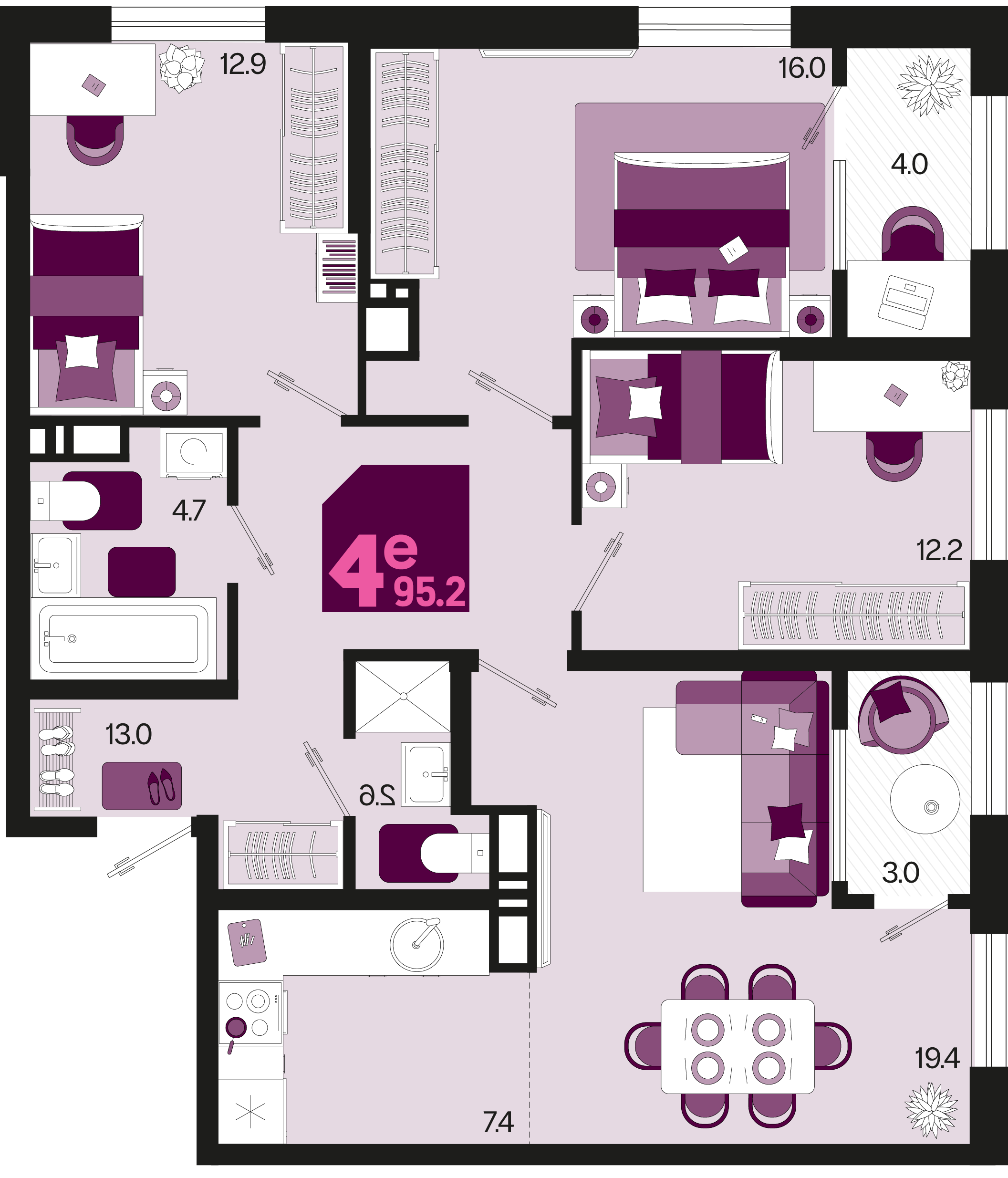 Планировка: 4-комн. квартира 91,7 м²