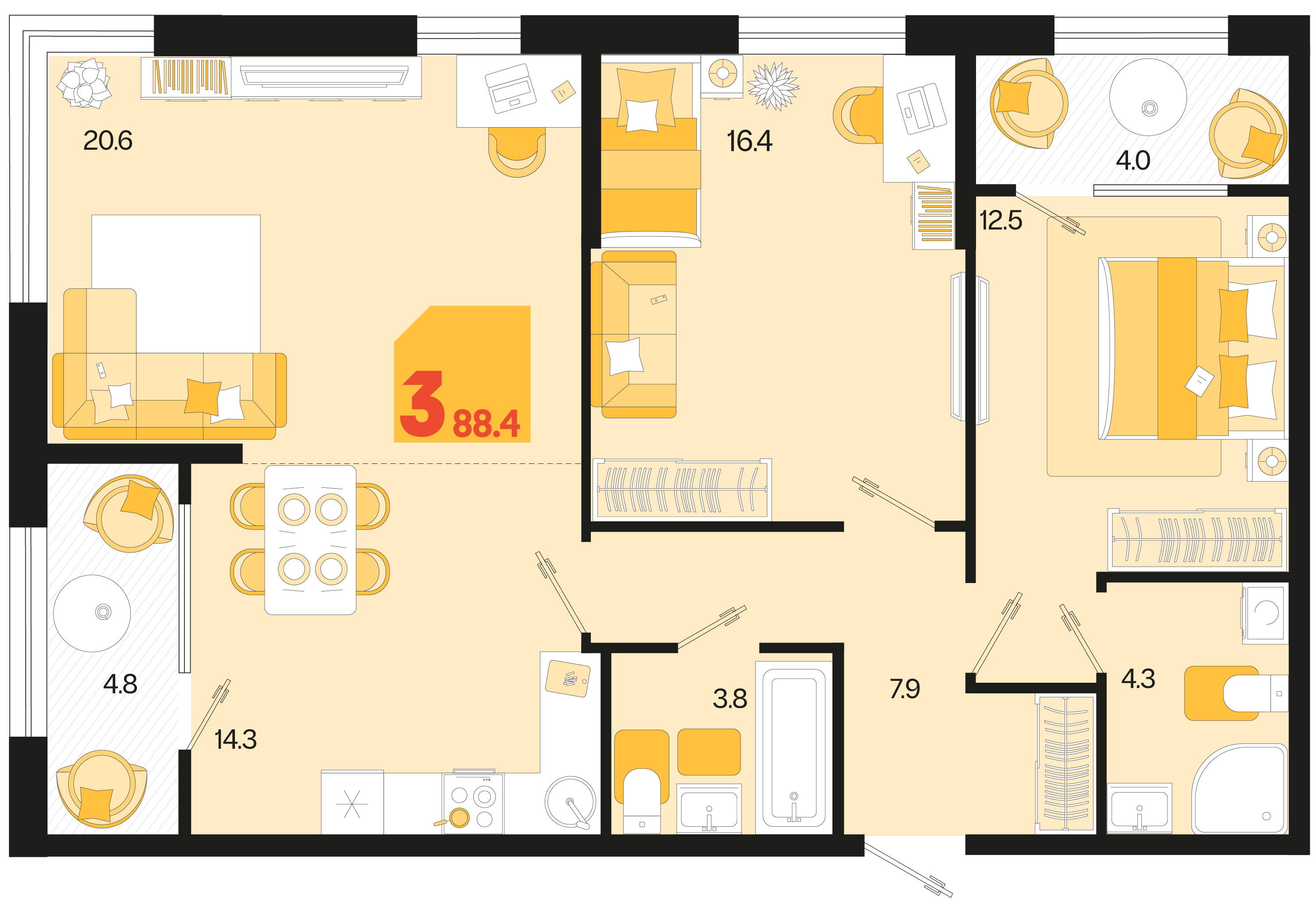 Планировка: 3-комн. квартира 84,2 м²