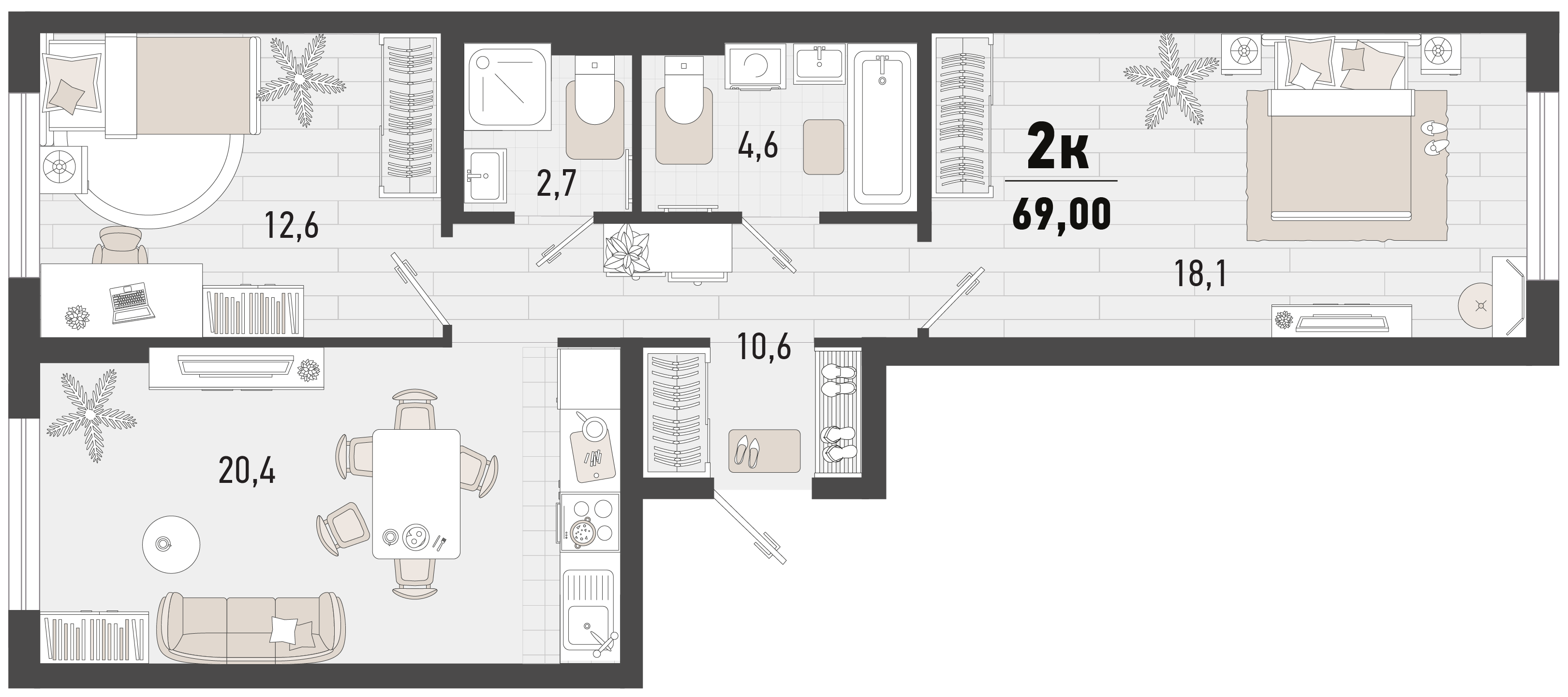 Планировка: 2-комн. квартира 69 м²