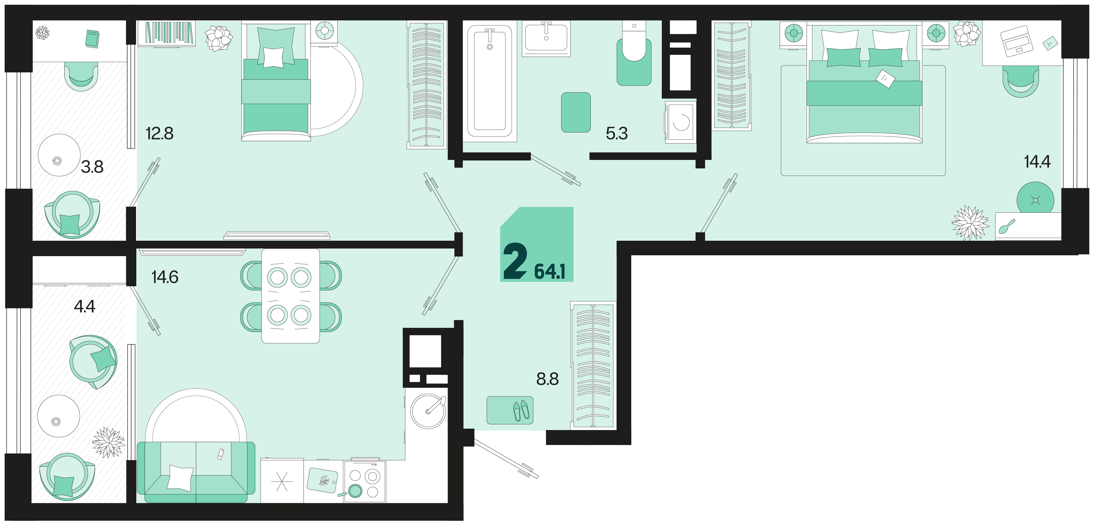 Планировка: 2-комн. квартира 60 м²