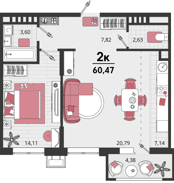 Планировка: 2-комн. квартира 57,4 м²