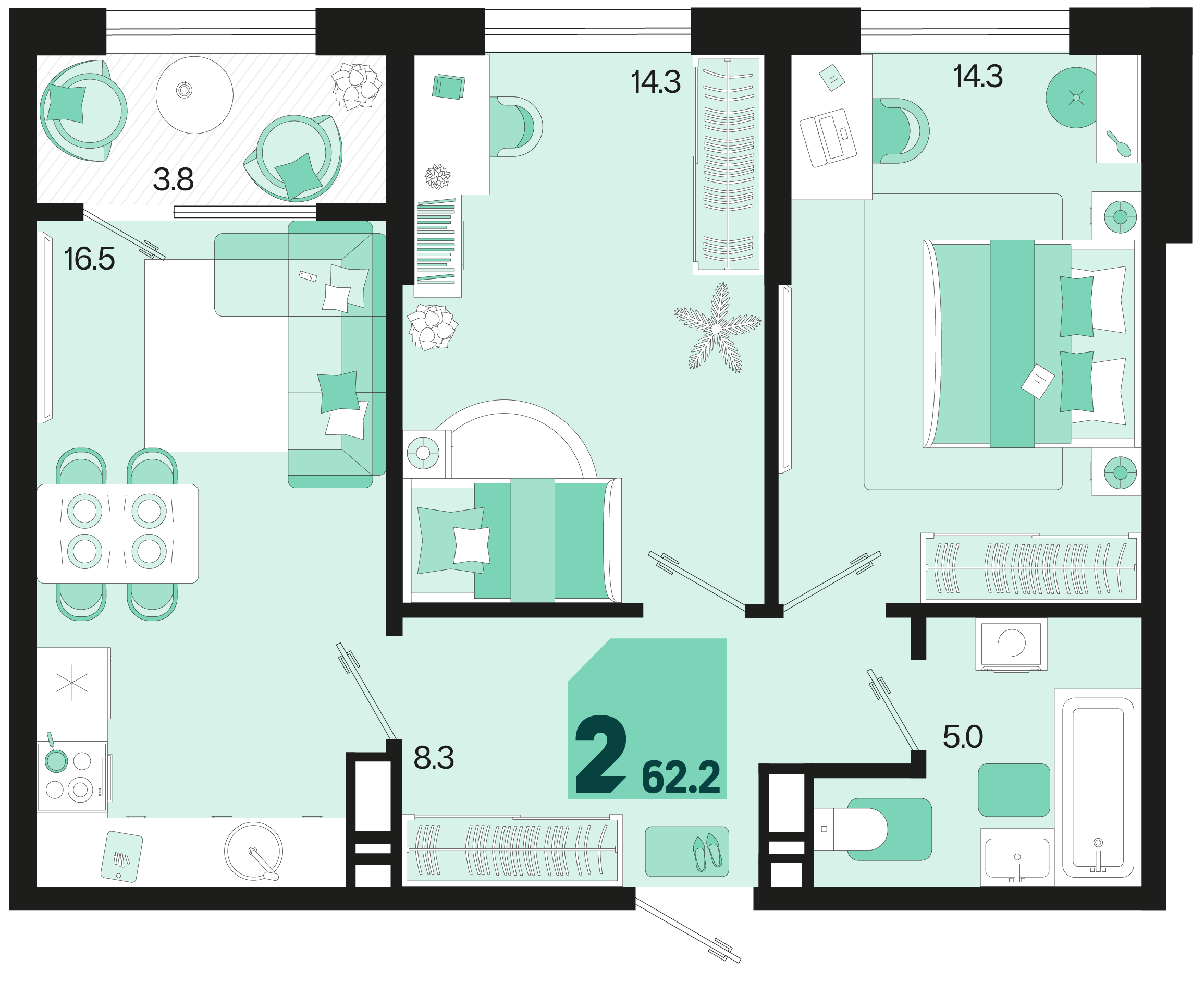 Планировка: 2-комн. квартира 60,3 м²