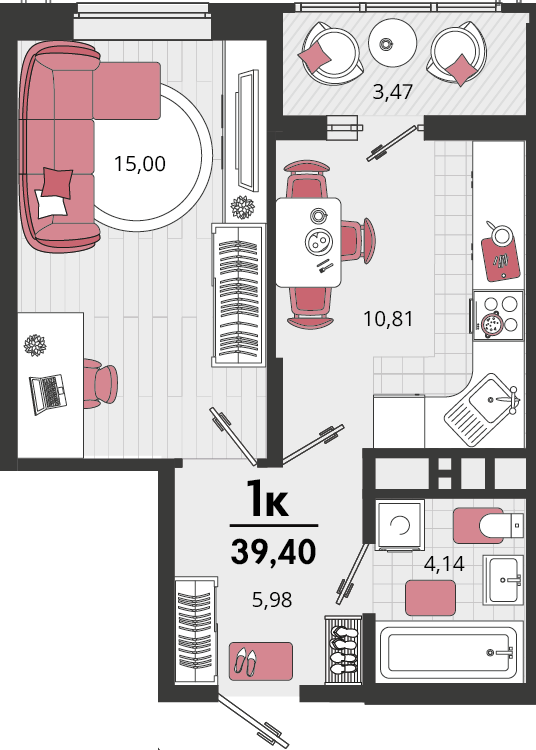 Планировка: 1-комн. квартира 37,7 м²