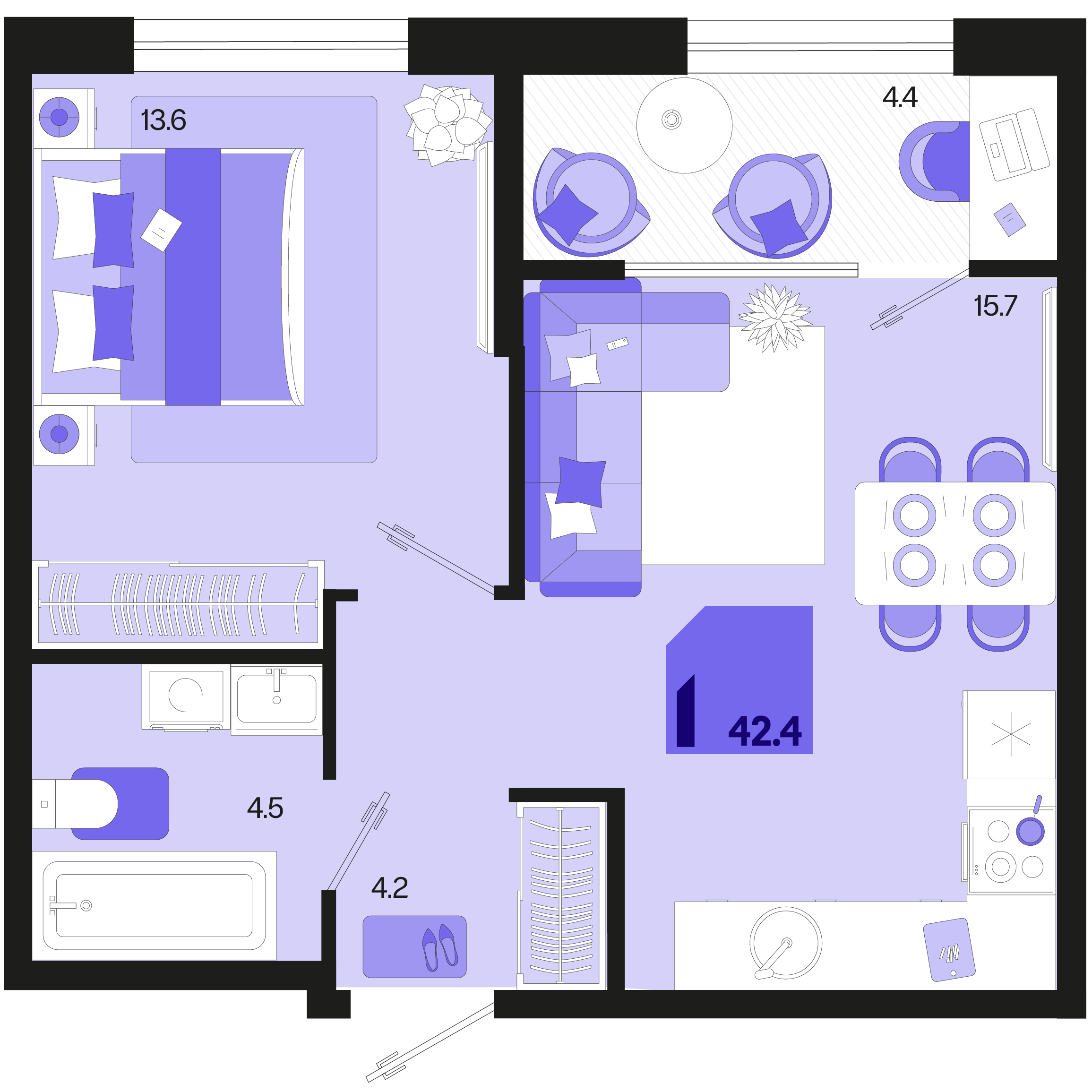 Планировка: 1-комн. квартира 40,2 м²