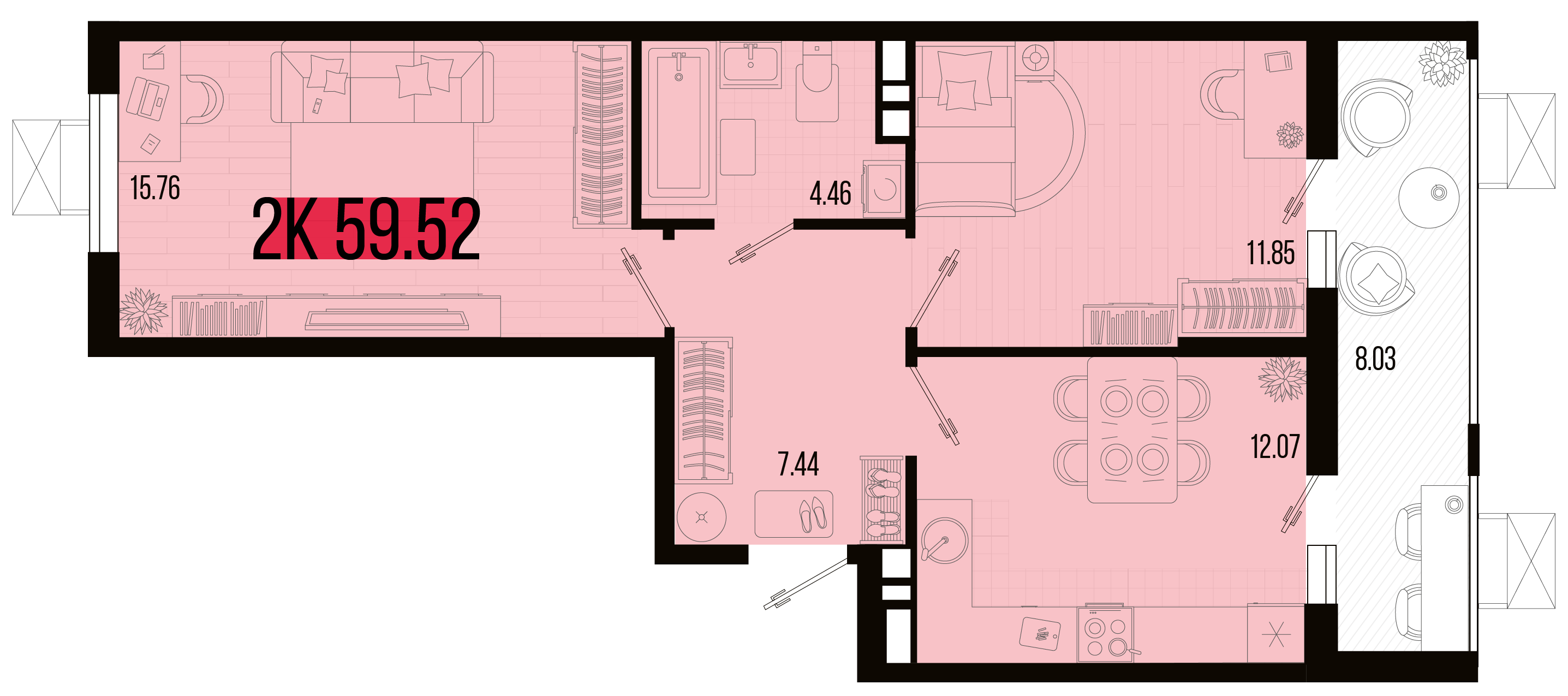 Планировка: 2-комн. квартира 55,6 м²