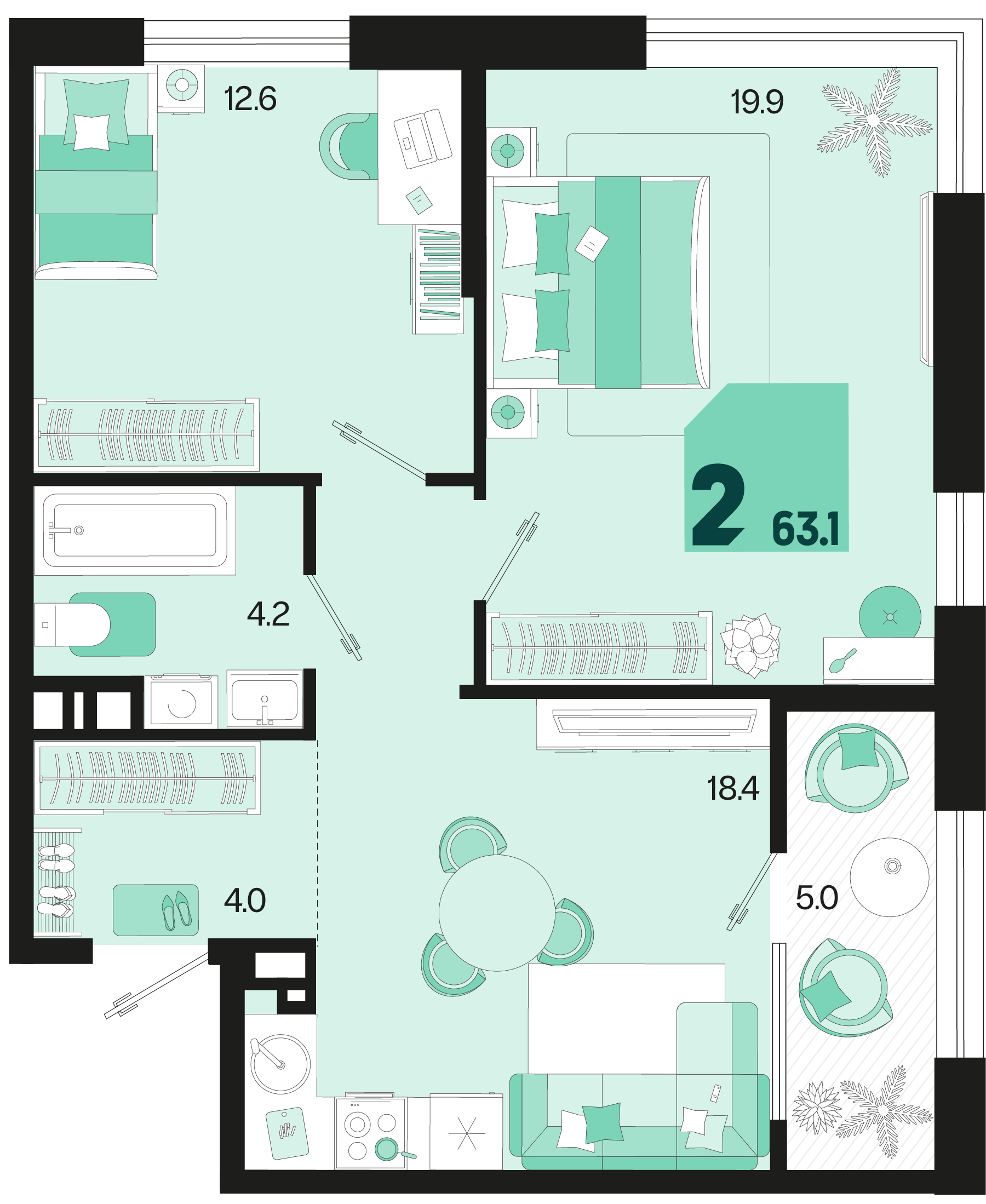 Планировка: 2-комн. квартира 61,6 м²
