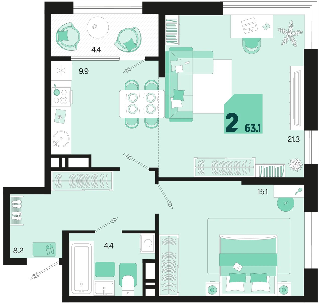 Планировка 2-комнатная 61 м²