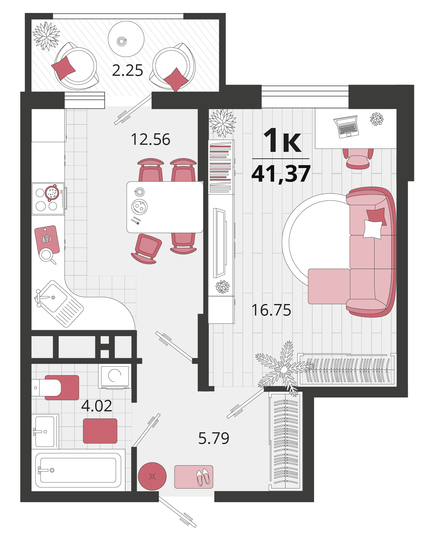Планировка: 1-комн. квартира 41,5 м²