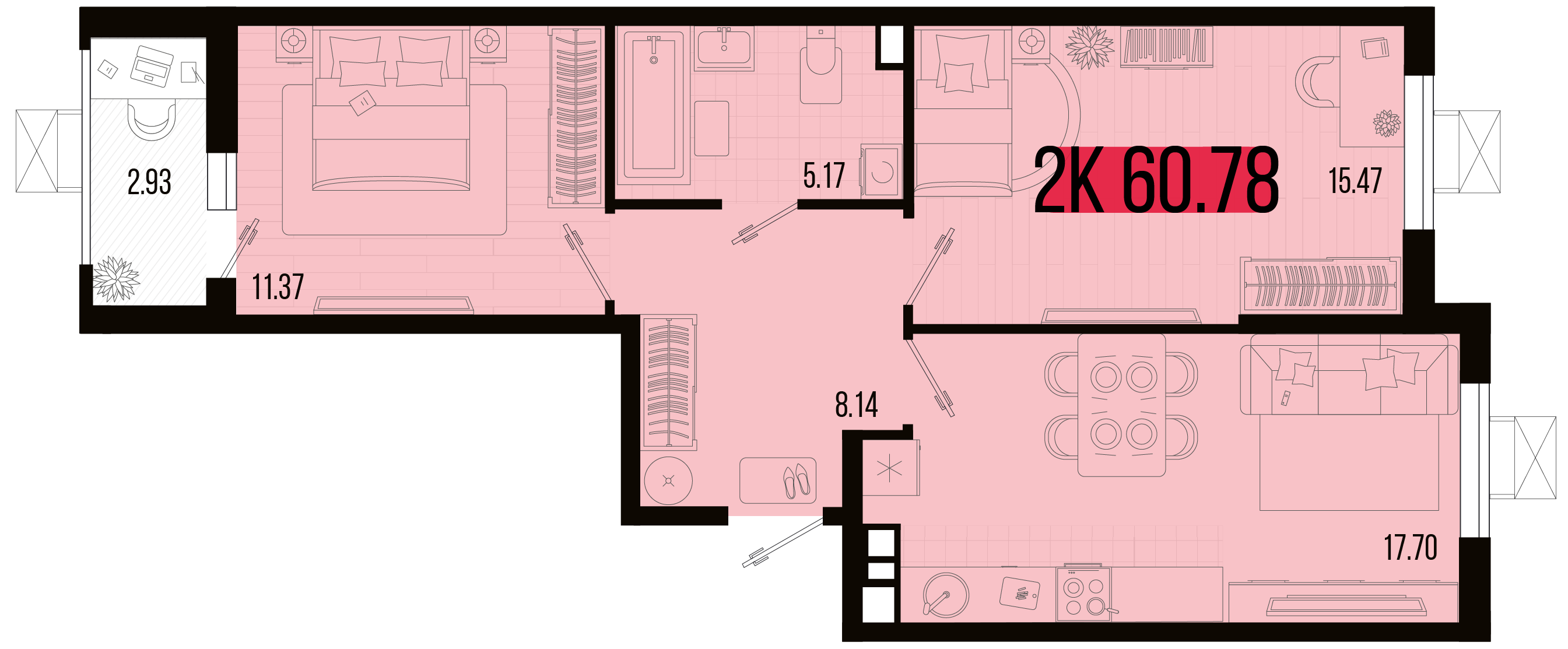 Планировка: 2-комн. квартира 59,7 м²