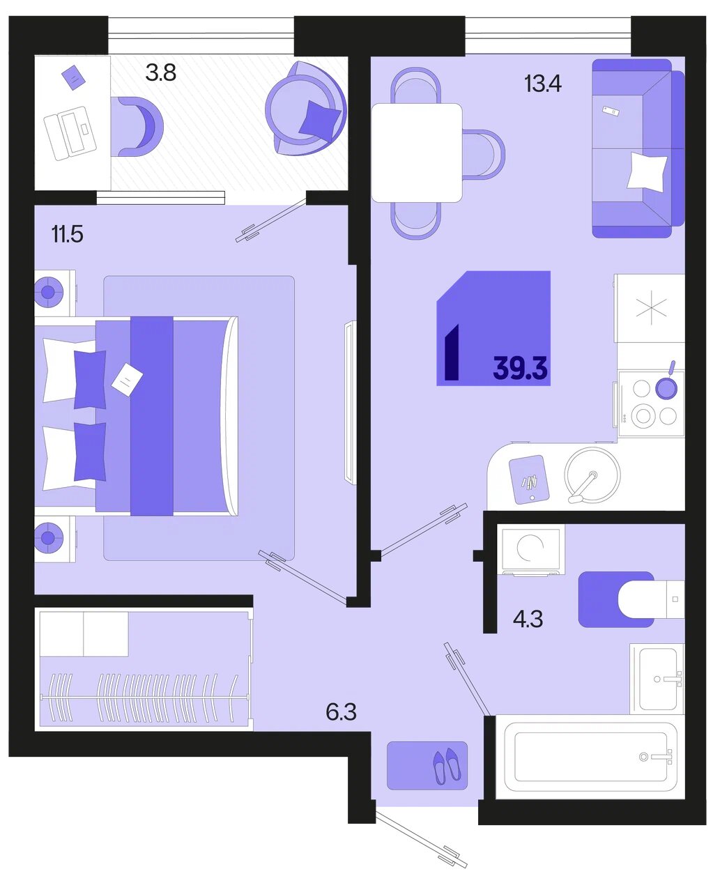 Планировка: 1-комн. квартира 37,4 м²