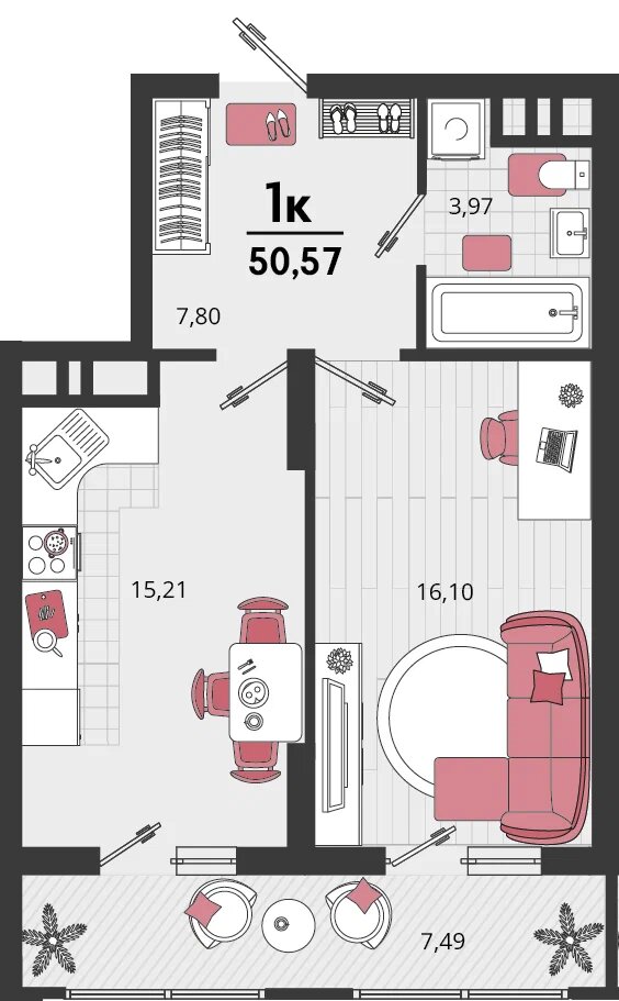 Планировка: 1-комн. квартира 46,8 м²