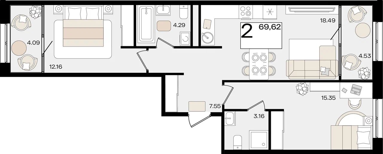 Планировка: 2-комн. квартира 65,2 м²
