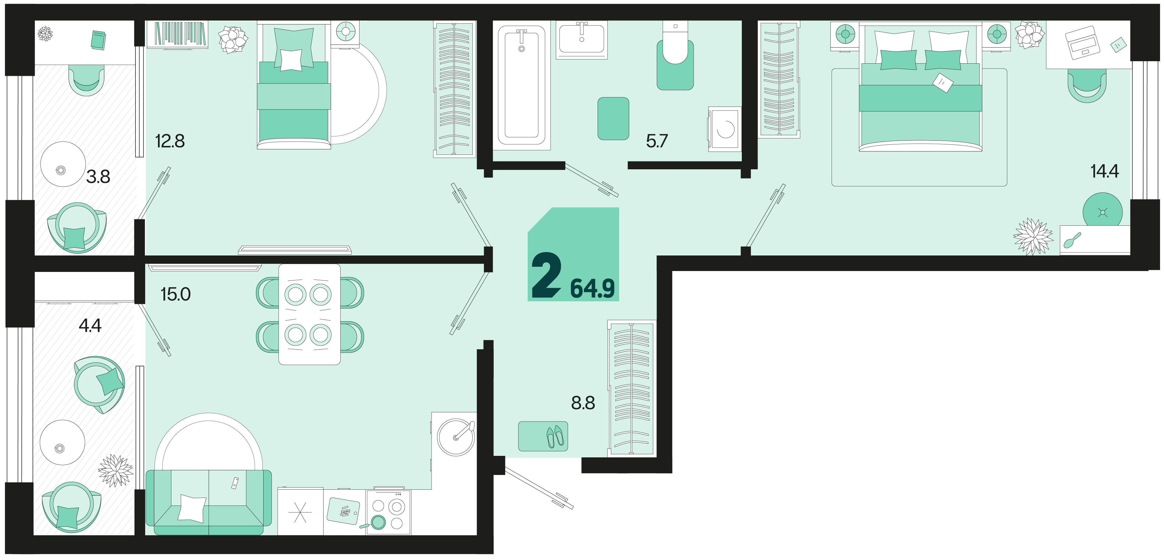 Планировка: 2-комн. квартира 60,8 м²