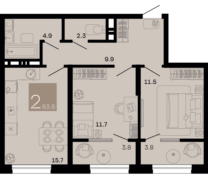 Планировка: 2-комн. квартира 59,8 м²