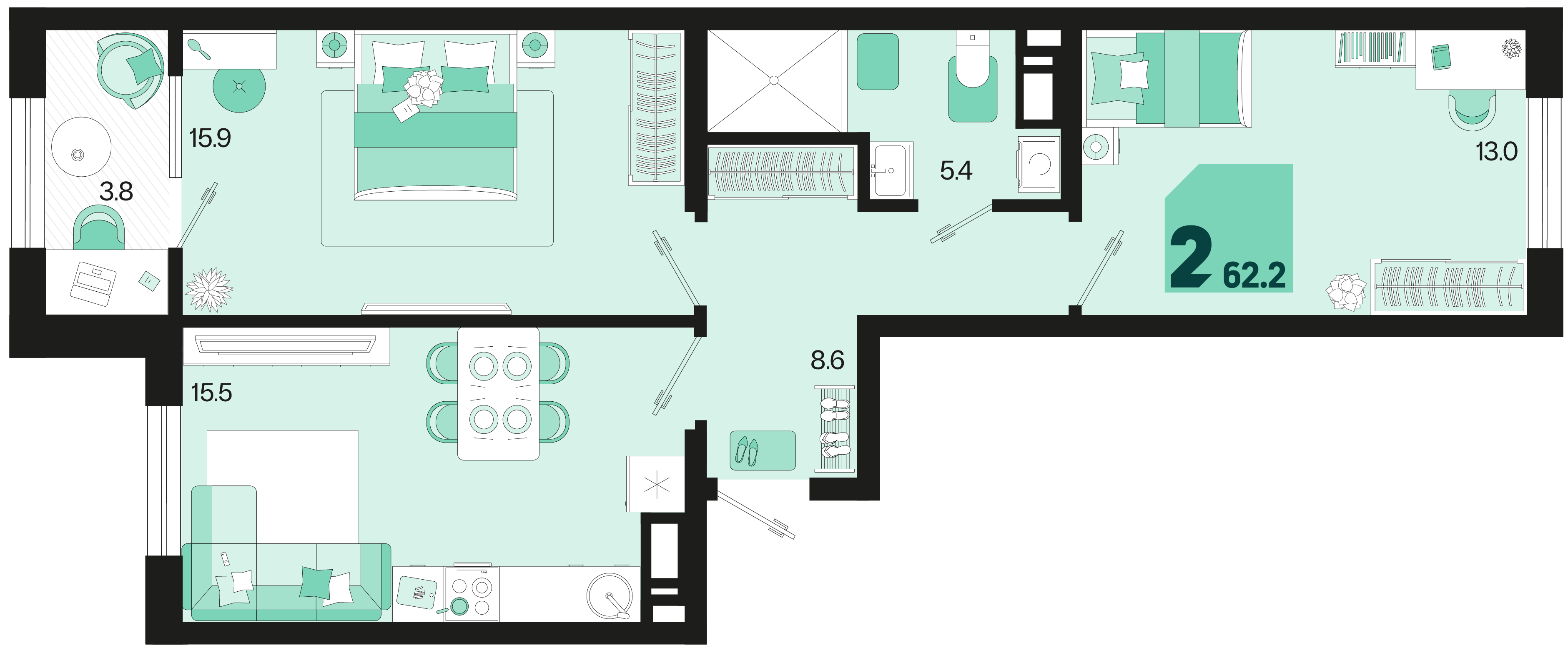 Планировка: 2-комн. квартира 60,3 м²