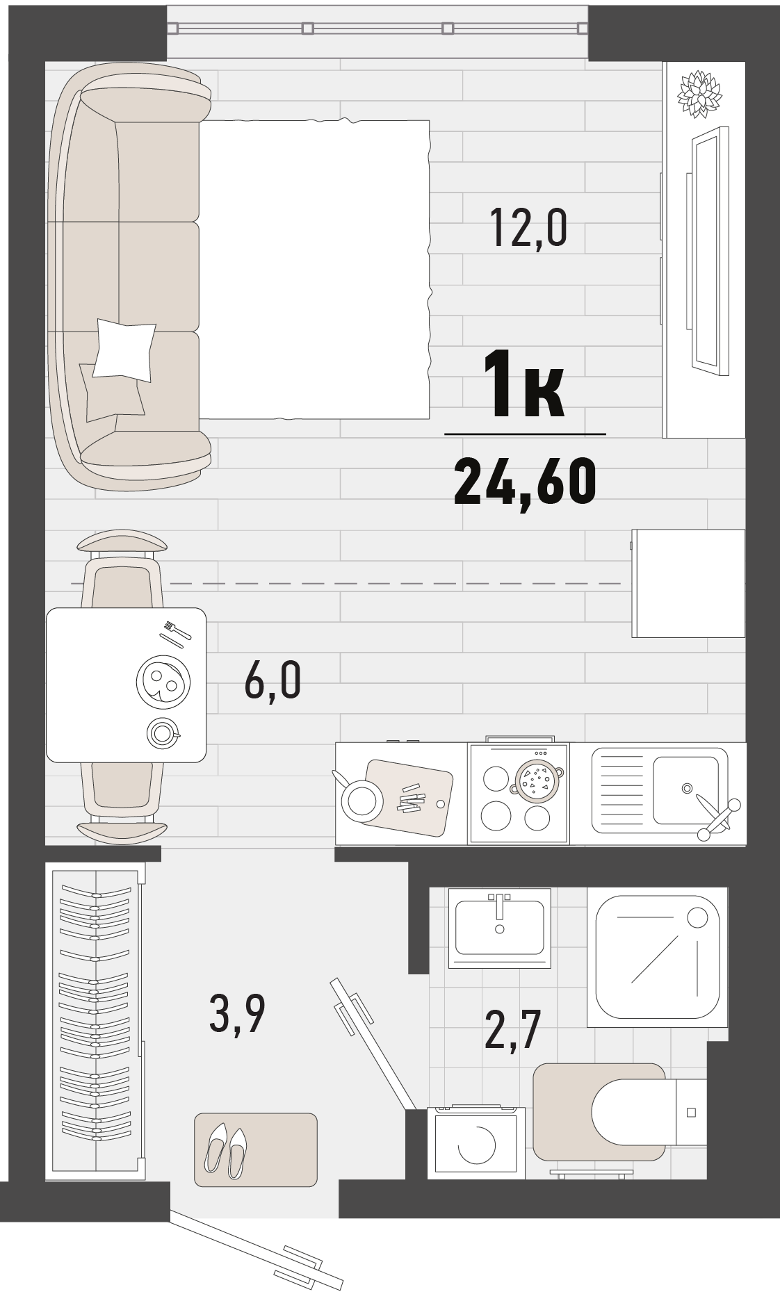Планировка: Студия 24,6 м²