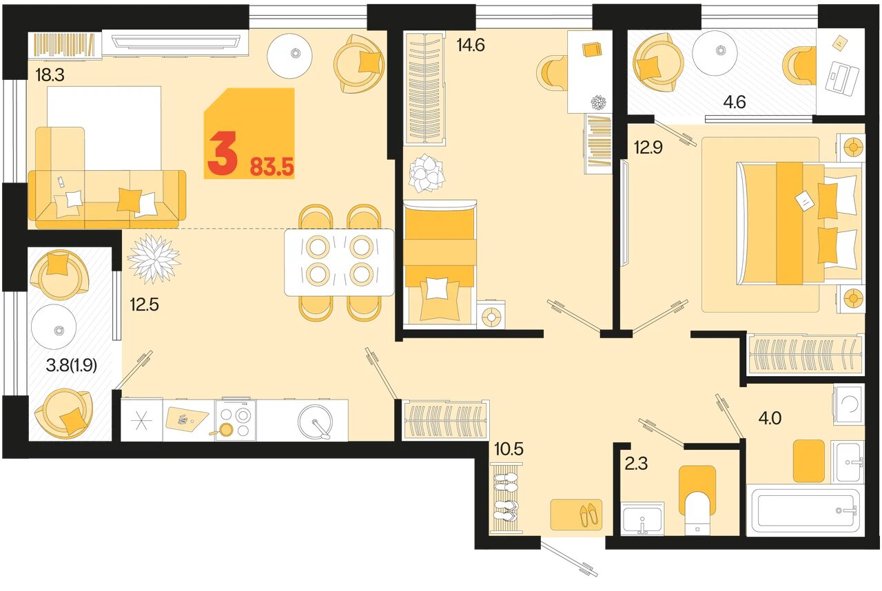Планировка: 3-комн. квартира 79,3 м²