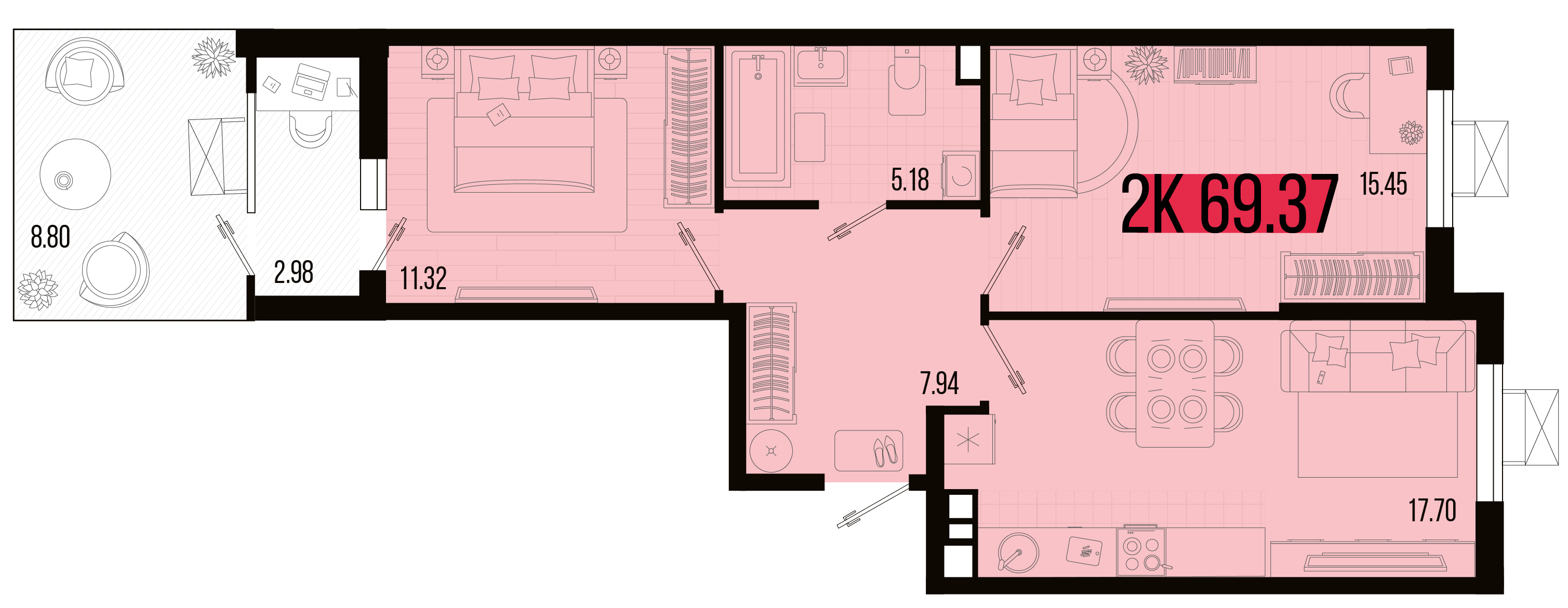 Планировка 2-комнатная 62,4 м²