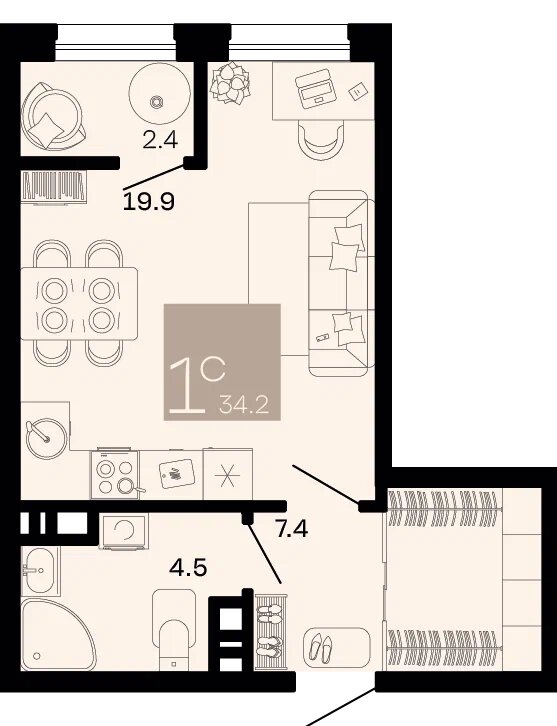 Планировка 1-комнатная 33 м²