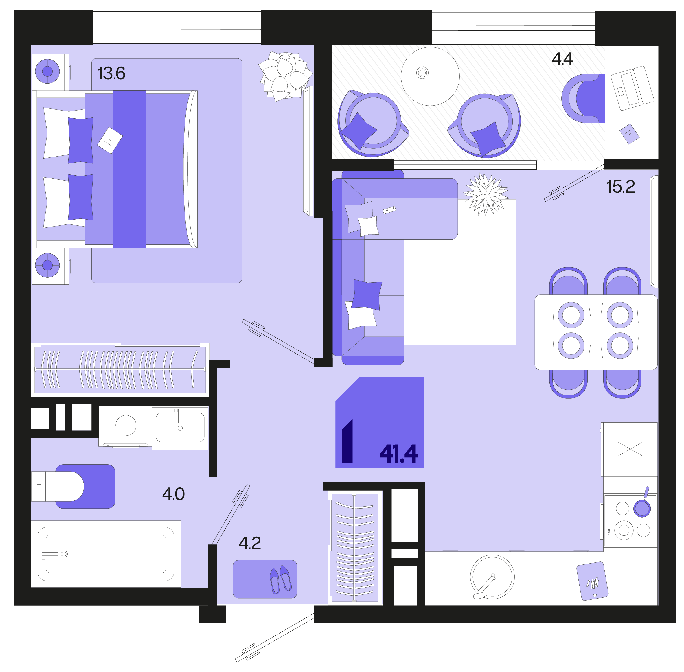 Планировка: 1-комн. квартира 39,2 м²