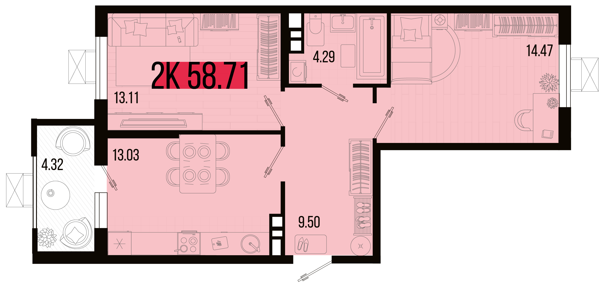 Планировка: 2-комн. квартира 56,6 м²