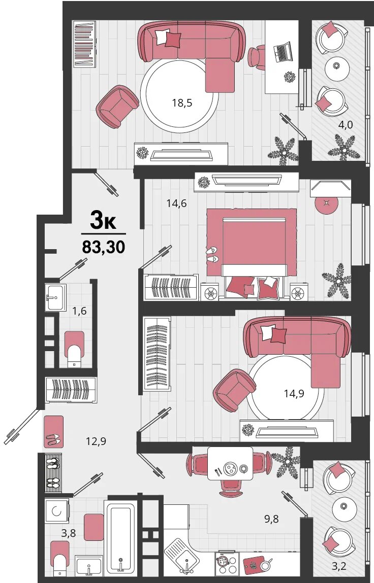 Планировка 3-комнатная 79,1 м²