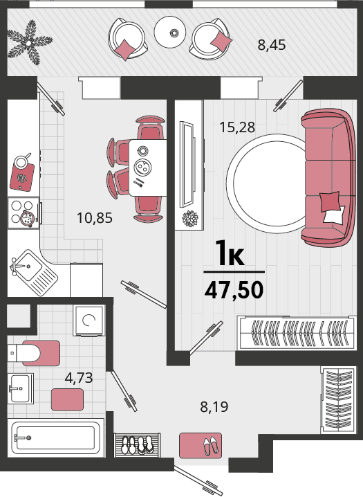 Планировка: 1-комн. квартира 41,6 м²