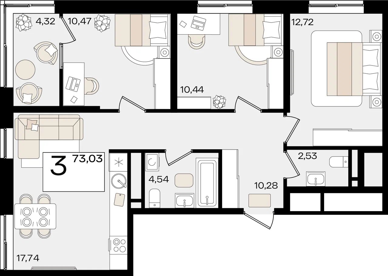 Планировка 3-комнатная 70,87 м²