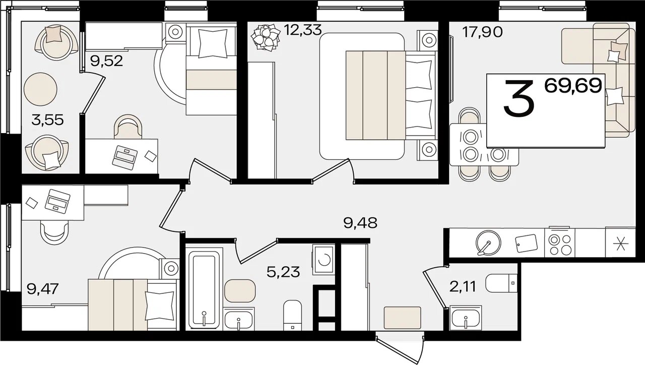 Планировка: 3-комн. квартира 67,9 м²