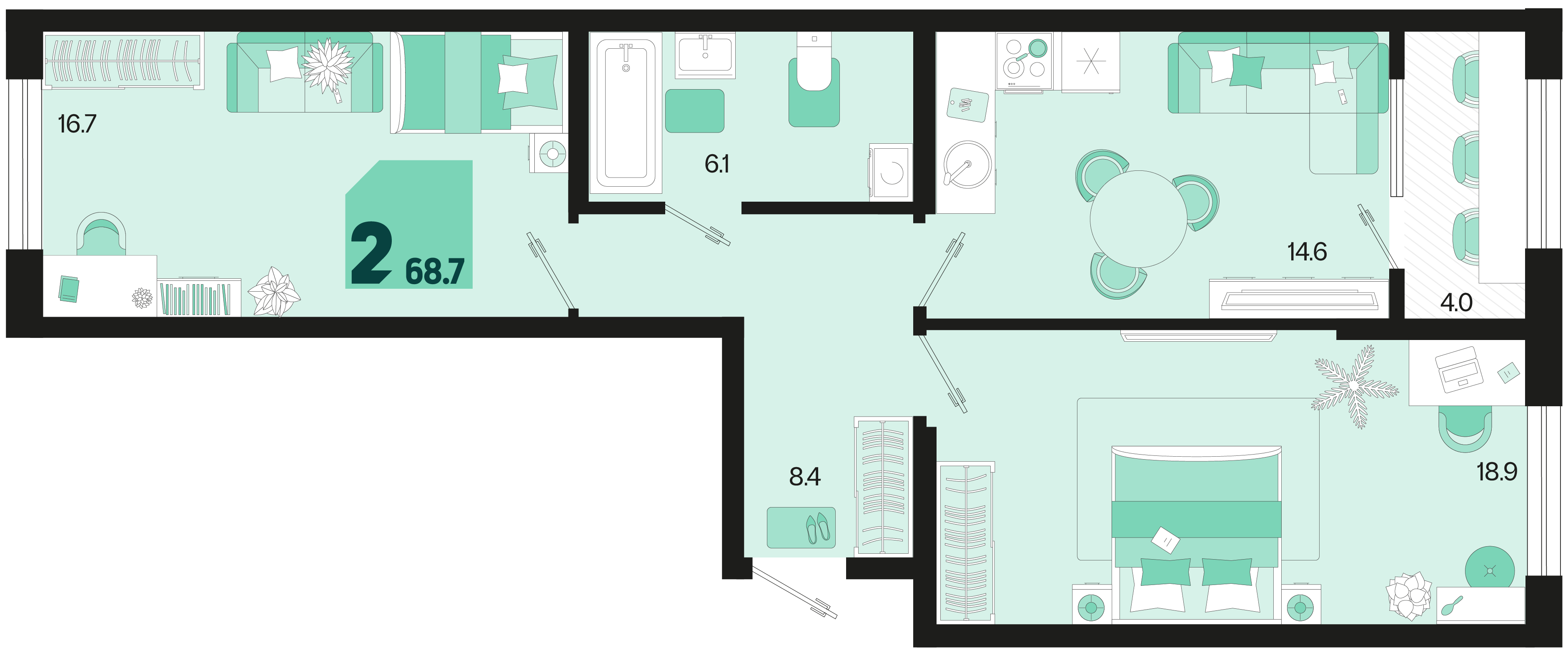Планировка: 2-комн. квартира 66,7 м²