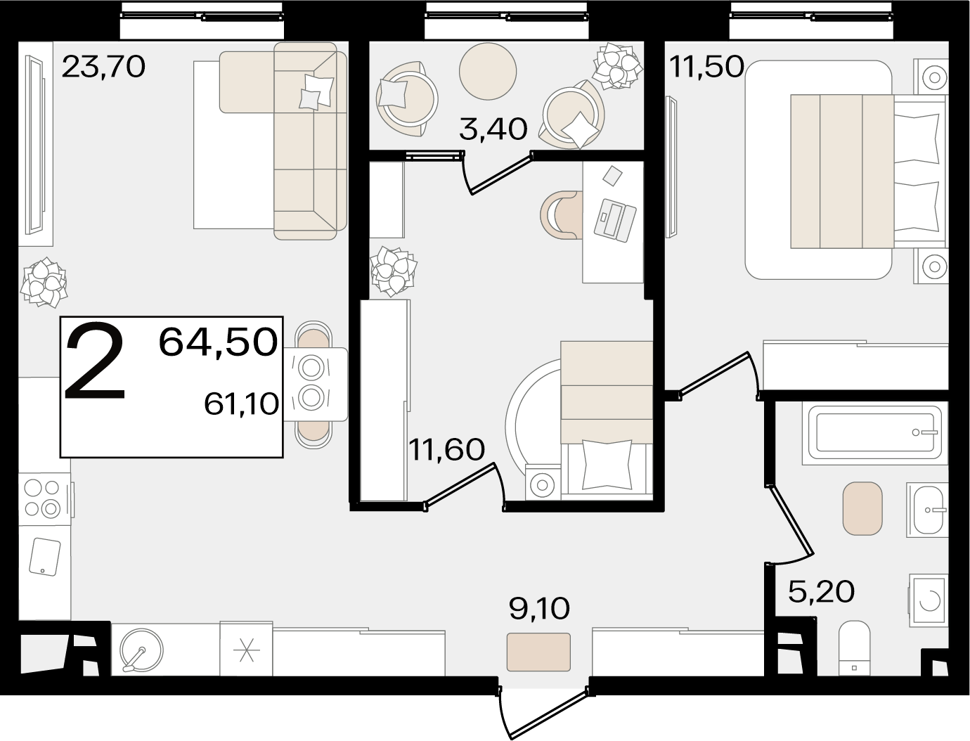Планировка: 2-комн. квартира 62,8 м²